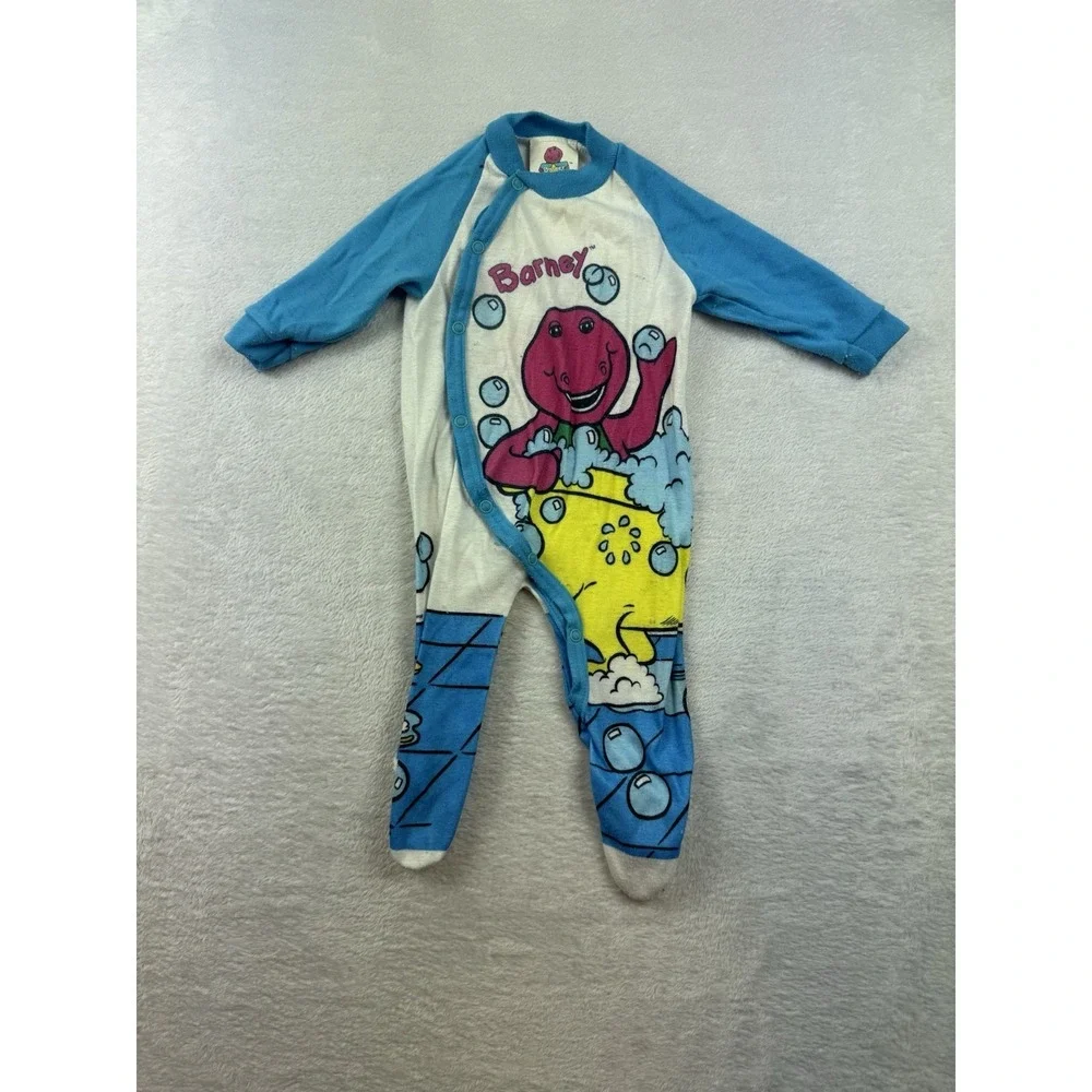 Vintage 1992 Barney Dino Sleeper Pajamas PJ Front‎ & Back Bath Image Size Medium